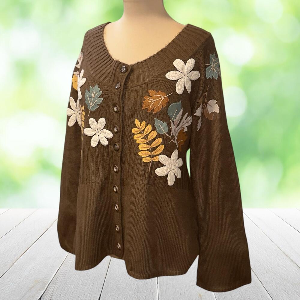 Vintage Y2K TIARA Embroidered Cardigan Sweater Fall Leaf Floral Boho Brown Sz M